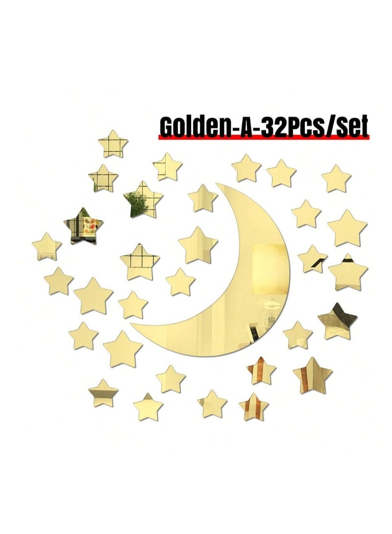 32 قطعة ملصقات حائط مرآة بشكل نجوم و هلال، مصنوعة من مادة أكريليك بسمك 1 مم، للديكور المنزلي، باللون الذهبي لزينة رمضان - Image 2